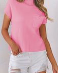 Solid Ribbed Knit Patch Pocket Short Sleeve Sweater