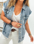 Denim Button Flap Pocket Frayed Vest