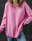 Alana Striped Scallop V Neck Loose Sweater