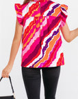 Abstract Shirred Ruffle Sleeve Blouse