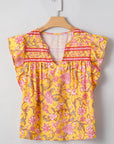 Floral Ruffle Sleeve Notched Neck Blouse