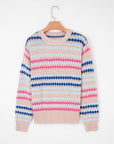 Stripe Eyelet Knit Drop Shoulder Sweater