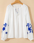 Floral Embroidered Drawstring V-Neck Blouse