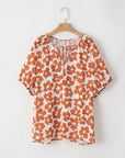 Sky Plus Size Floral Print Drawstring V Neck Short Sleeve Blouse