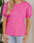 Pearl Beaded Ribbed Puff Sleeve Top