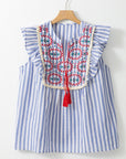 ARIYA STRIPE GEO PATTERN EMBROIDERED TASSEL FLUTTER Plus BLOUSE