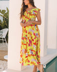 Dani Cheetah Plant Shirred Button V Neck Maxi Dress