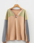 Colorblock Thermal Textured Knit Drop Shoulder Henley Top
