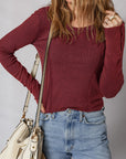 Solid Ribbed Knit Buttoned Long Sleeve Top
