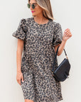 Zaylee Denim Leopard Short Puff Sleeve Mini Dress