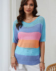 April Knitted Eyelet Colorblock Striped Half Sleeves Top