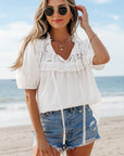 Ivory Embroidered Lace Tie Blouse
