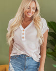 Stripe Button Front V-Neck Knitted T-Shirt