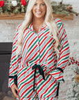 Christmas Stripe Velvet Bow Cuffs Pajama Set