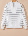 Stripe Zipped V-Neck Long Sleeve Top
