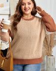Plus Size Colorblock Knit Contrast Stitch Crewneck Sweater