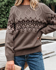 Western Geometric Knit Crew Neck Sweater