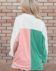 Colorblock Collared Ribbed Patchwork Pocketed Sweatshirt