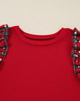 Plus Size Christmas Plaid Pearl Ruffle Sleeve Holiday T-shirt