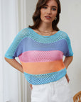 April Knitted Eyelet Colorblock Striped Half Sleeves Top