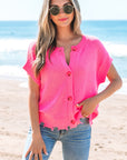 Janelle Distressed Hem Short Sleeve Button Sweater