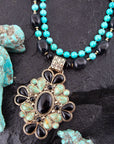 Barcelona Blue Turquoise and Black Onyx Golden Statement Necklace