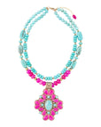 Barcelona Pink Agate Cross Golden Pendant Necklace