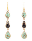 Barcelona Blue Turquoise and Black Onyx Linear Drop Golden Earrings