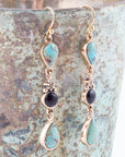 Barcelona Blue Turquoise and Black Onyx Linear Drop Golden Earrings