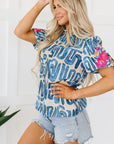 Lara Puff Sleeve Frilled Neck Printed Top