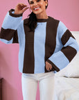 Stripe Colorblock Thermal Textured Knit Drop Shoulder Sweater