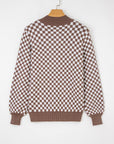 Checker Ribbed Trim Half-Button Sweater