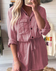Reese Roll up Sleeve Flap Pockets Drawstring Romper
