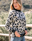 Leopard Contrast Trim Drop Shoulder Sweater