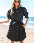 Malaya Button Up Tie Waist Puff Sleeve Mini Dress
