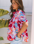Mikaela Floral Bubble Sleeve Button Up Pleated Shirt