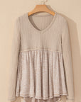 Alexandra Textured Long Sleeve V Neck Babydoll Top