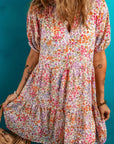 Floral Frilled V-Neck Puff Sleeve Dress