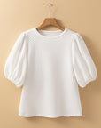 Solid Textured Round Neck Puff Sleeve Blouse