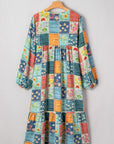 Floral Patchwork Long Sleeve Ruffle Hem Midi Dress