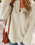 Solid Fleece Zip-Up Drawstring Pocketed Hooded Jacket