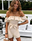 Ruffled Off Shoulder Jumpsuit With Ribbon Tie Waist