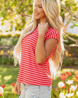 Sarahi Stripe Ribbed Cap Sleeve Round Neck Top