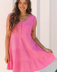 Averie Waffle Textured Button Round NeckDress
