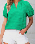 Kalani Textured Puff Short Sleeve Notched V Neck Top
