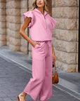 Textured Ruffle Half Zip Top and Pants Set