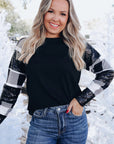 Kayla Sequin Plaid Patchwork Raglan Sleeve Top