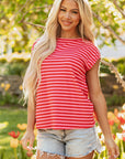 Sarahi Stripe Ribbed Cap Sleeve Round Neck Top