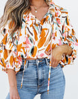 Aurelia Drawstring Frilled V Neck 3/4 Sleeve Blouse