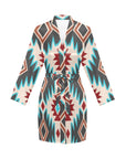 Turquoise Burgandy Aztec Women's Belted Satin Feel Dressing Lounge Robe